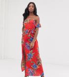 Influence Tall Off Shoulder Maxi Dress In Bold Floral Print - Red