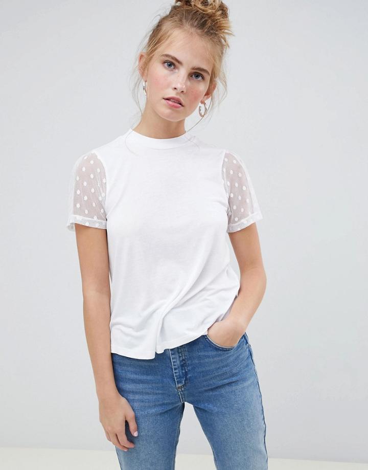 Asos Design High Neck T-shirt With Dobby Mesh Sleeve - White