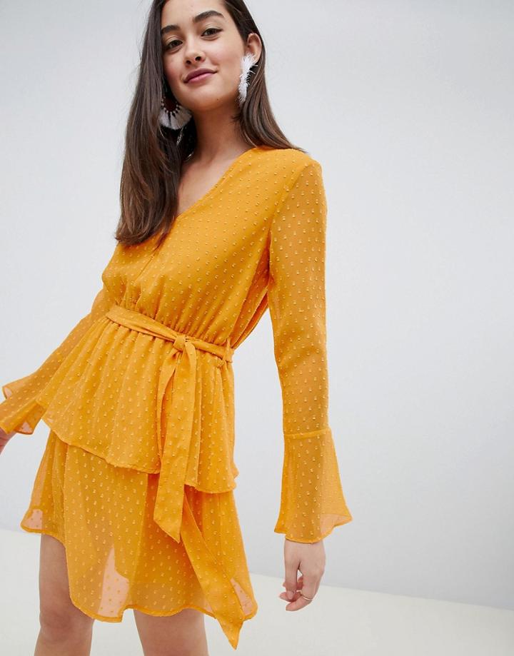 Influence Tier Skirt Dress With Bell Sleeve In Dobby Print - Yellow