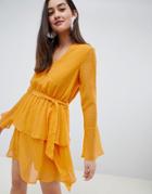 Influence Tier Skirt Dress With Bell Sleeve In Dobby Print - Yellow