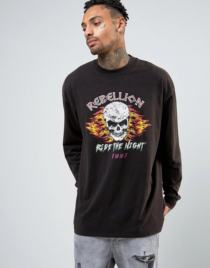 Asos Acid Wash Oversized Long Sleeve T-shirt With Skull Print - Black