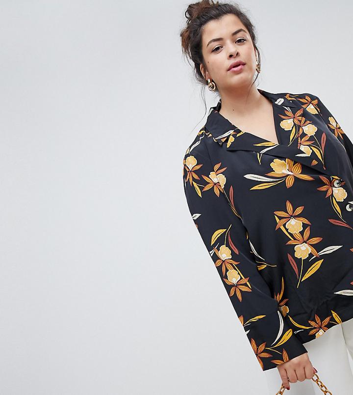 Neon Rose Plus Relaxed Button Wrap Shirt In Romantic Floral - Black