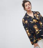 Neon Rose Plus Relaxed Button Wrap Shirt In Romantic Floral - Black