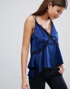 Asos Lace Trim Strappy Asymmetric Cami-navy