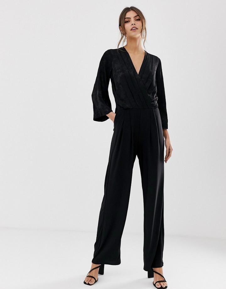 Y.a.s Satin Wrap Jacquard Floral Wide Leg Jumpsuit-black
