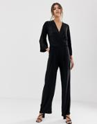Y.a.s Satin Wrap Jacquard Floral Wide Leg Jumpsuit-black