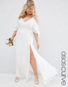 Asos Curve Bridal Button Ruffle Maxi Dress With Cold Shoulder - White