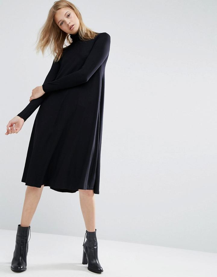 Asos Polo Neck Midi Swing Dress - Black