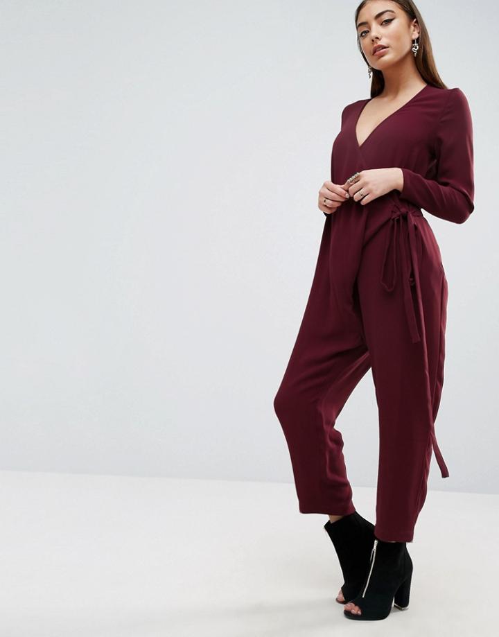 Asos Jumpsuit With Wrap And Self Tie Detail With Long Sleeve - Purple