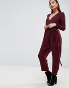 Asos Jumpsuit With Wrap And Self Tie Detail With Long Sleeve - Purple
