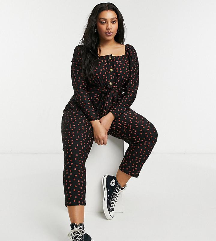 Asos Design Curve Button Front Square Neck Peg Leg Jumpsuit In Red Polka Dot-multi