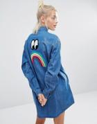 Lazy Oaf Longline Denim Shirt With Sad Rainbow And Multi Colored Buttons - Blue