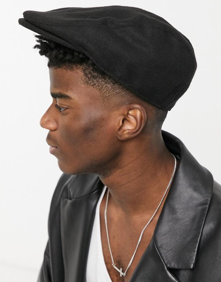 Asos Design Flat Cap In Black Melton