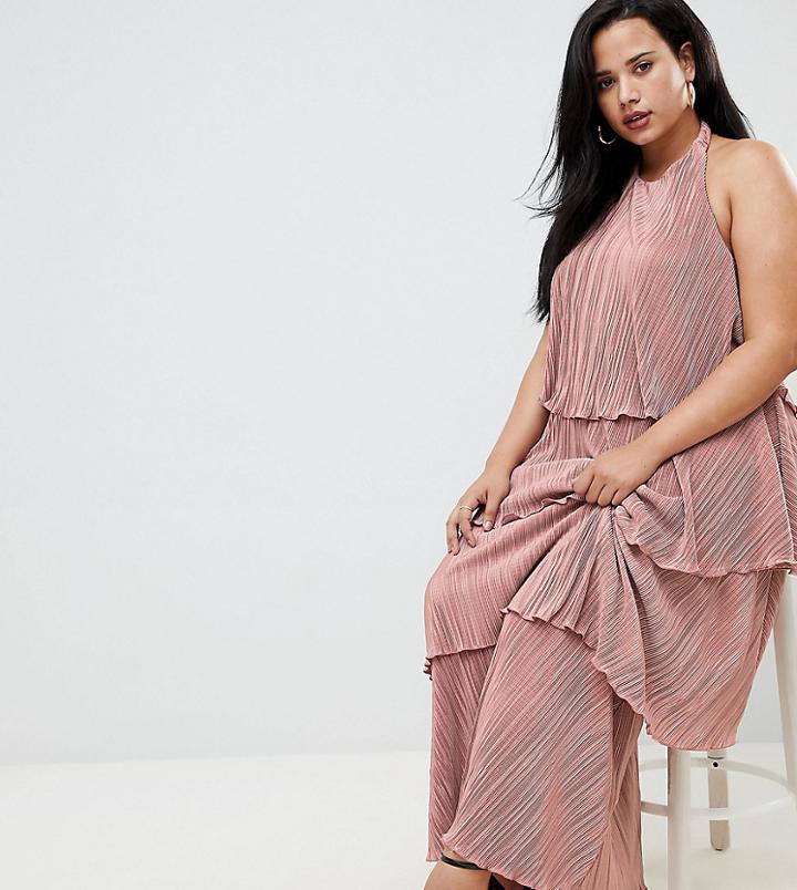 Asos Design Curve Tiered Plisse Maxi Dress - Beige