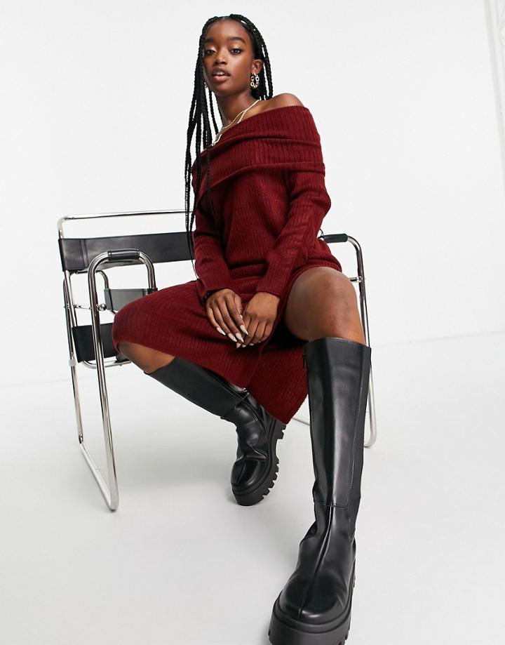 Asos Design Knitted Midi Dress With Off Shoulder In Dark Red