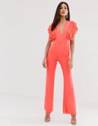 Forever U Plunge Front Jumpsuit In Coral - Orange