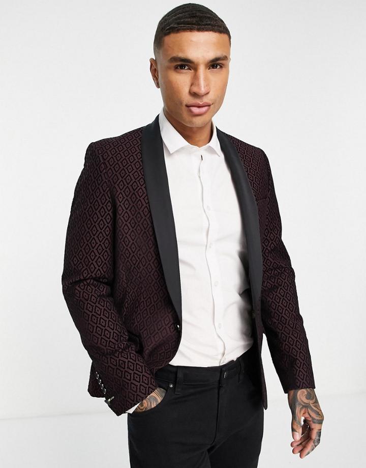 Twisted Tailor Blazer In Burgundy With Black Geometric Flocking-red