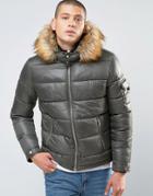 Asos Quilted Jacket With Fur Trim Hood In Khaki - Green