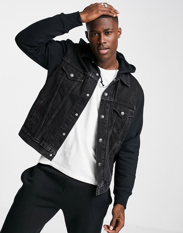 Levi's Hybrid Sweat Hood & Sleeve Denim Trucker Jacket In Black