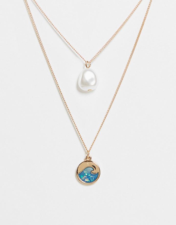 Asos Design Multirow Necklace With Pearl And Opal Wave Pendant In Gold Tone