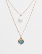 Asos Design Multirow Necklace With Pearl And Opal Wave Pendant In Gold Tone