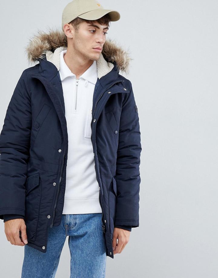 Farah Beattie Hooded Faux Fur Parka Coat In Navy
