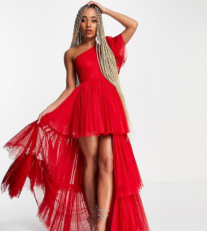 Lace & Beads Exclusive One Shoulder Tiered Tulle Maxi Dress In Red