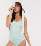 Monki Recycled Polyester Scoop Neck Swimsuit In Sage Green And Off White-multi