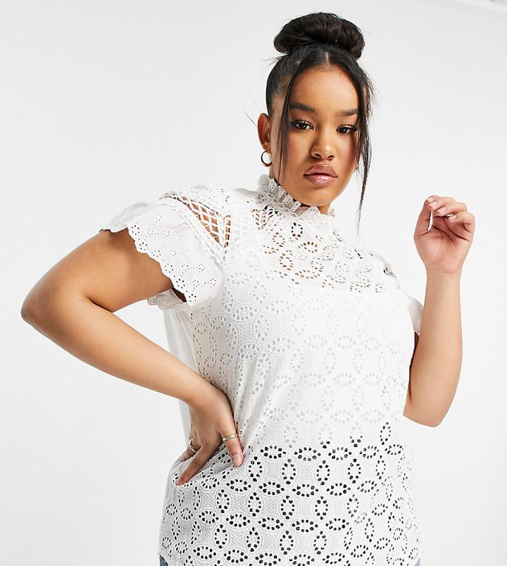 River Island Plus Broderie Trim Blouse In White