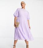 Asos Design Curve High Neck Pleated Chevron Textured Midi Dress With Puff Sleeve In Lavender-purple