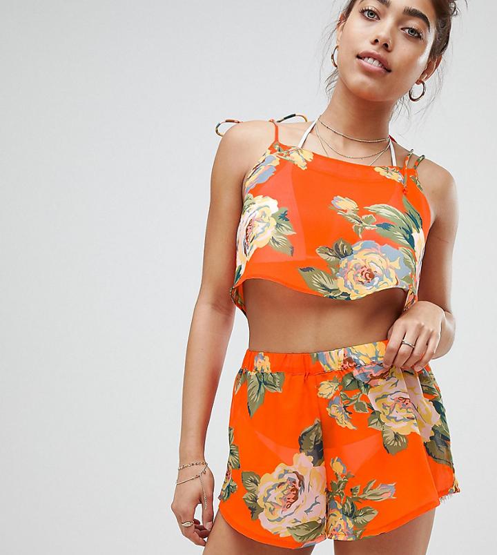 Boohoo Floral Print Beach Shorts - Orange