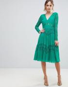 Asos Pleated Lace Insert Midi Dress-green