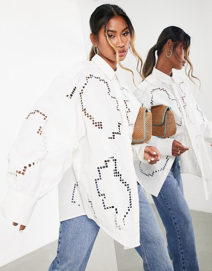 Asos Edition Oversized Shirt With Geo Cutwork In Ivory-white
