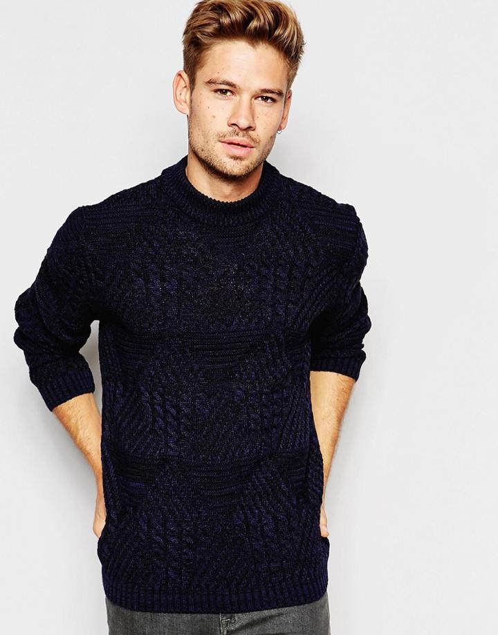 Asos Cable Knit Sweater With Chunky Neck - Navy Twist