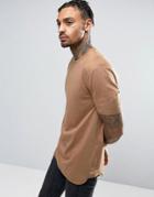 Asos Longline T-shirt In Brown With Bound Hem - Brown