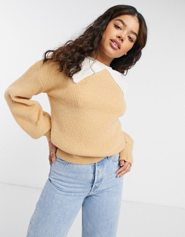 Asos Design Sweater With Knitted Collar Detail In Camel-neutral