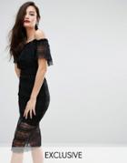 Bodyfrock Off Shoulder Midi Lace Dress With Belt - Black