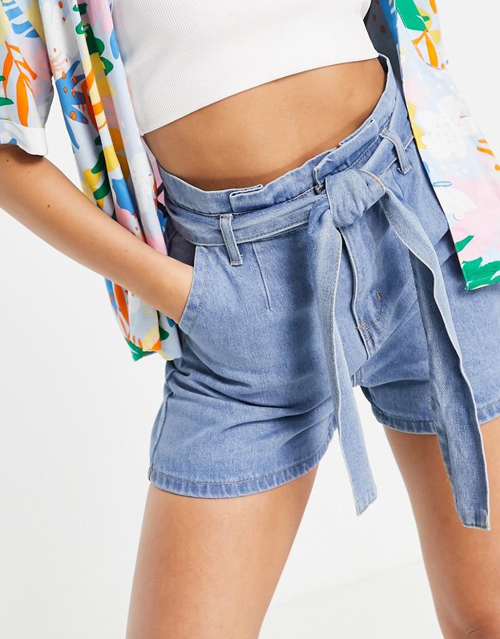 In The Style X Stacey Solomon Tie Detail High Waist Denim Short In Blue-blues