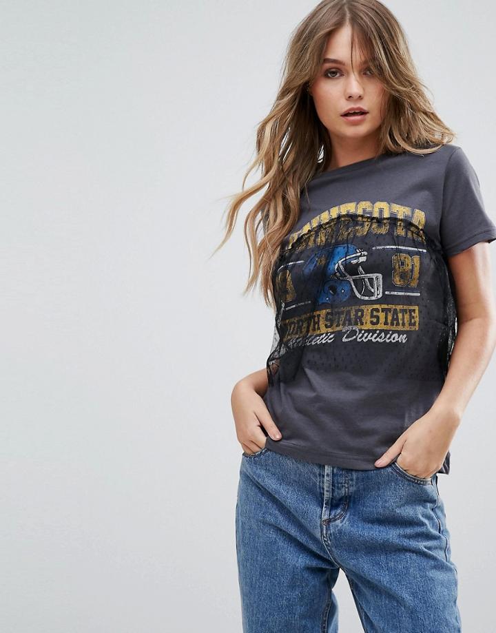 Brave Soul Northstar T-shirt With Lace Frill Overlay - Gray