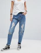 Pull & Bear Distressed Slogan Stitching Mom Jeans - Blue