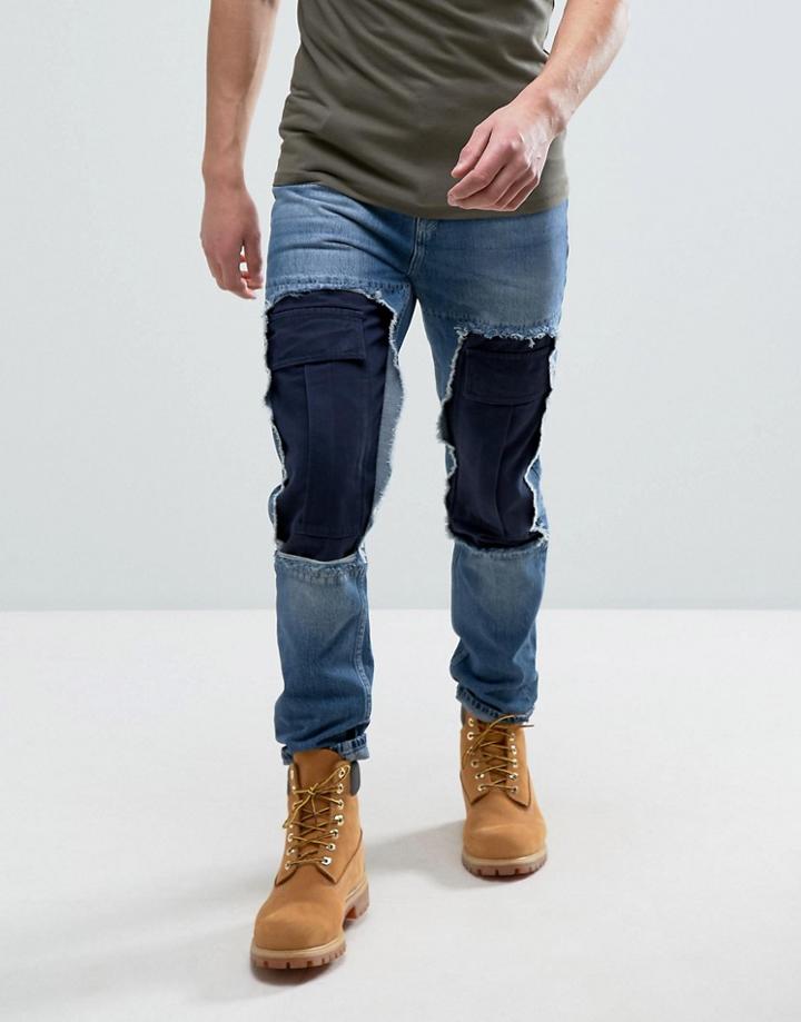 Asos Relaxed Tapered Jeans With Cargo Rip Detail In Mid Blue - Blue