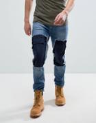 Asos Relaxed Tapered Jeans With Cargo Rip Detail In Mid Blue - Blue
