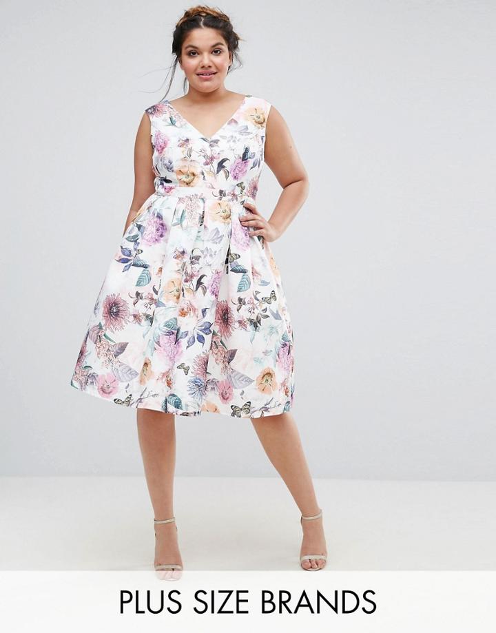 Chi Chi London Plus V Neck Rose Print Midi Dress - Multi