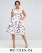 Chi Chi London Plus V Neck Rose Print Midi Dress - Multi