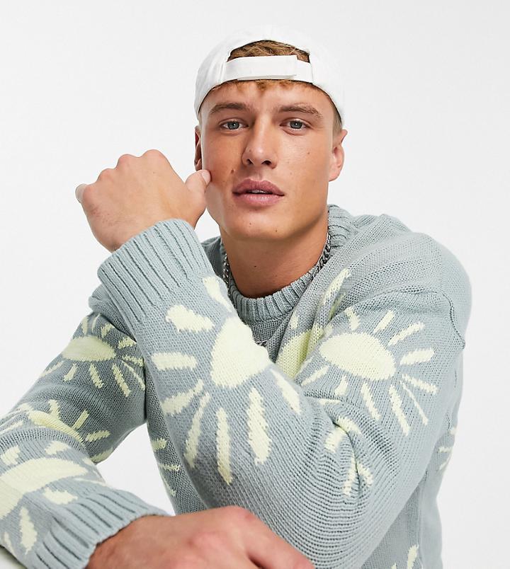 New Look Relaxed Knit Sweater With Sunshine Print In Gray-green