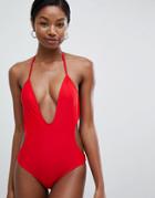 Boohoo Cut Out Plunge Swimsuit - Red