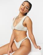 Asos Design Mix & Match Crinkle Twist Side High Leg Bikini Bottoms In Natural Tones-neutral