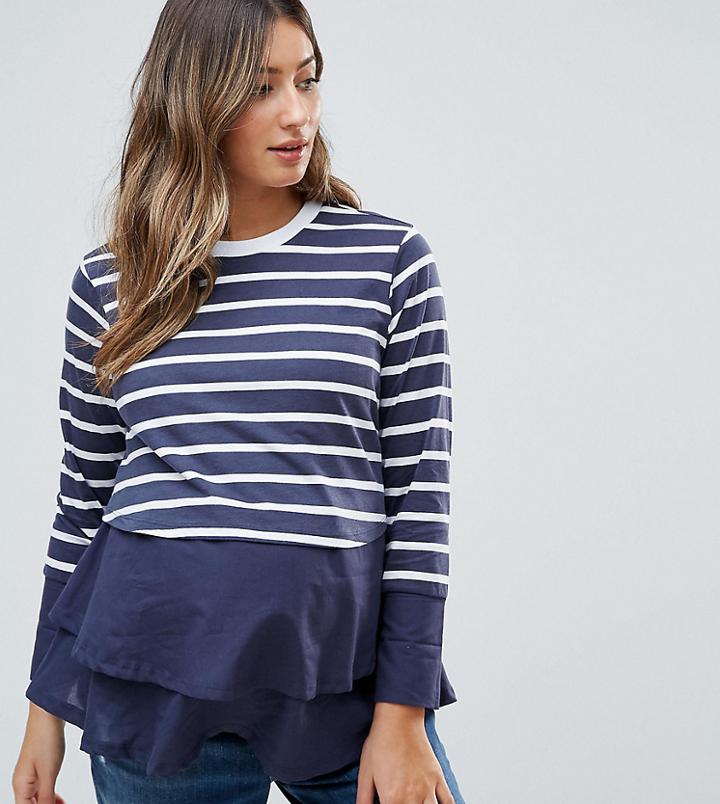 Asos Maternity Nursing Long Sleeve Double Layer Top In Navy Stripe - Multi
