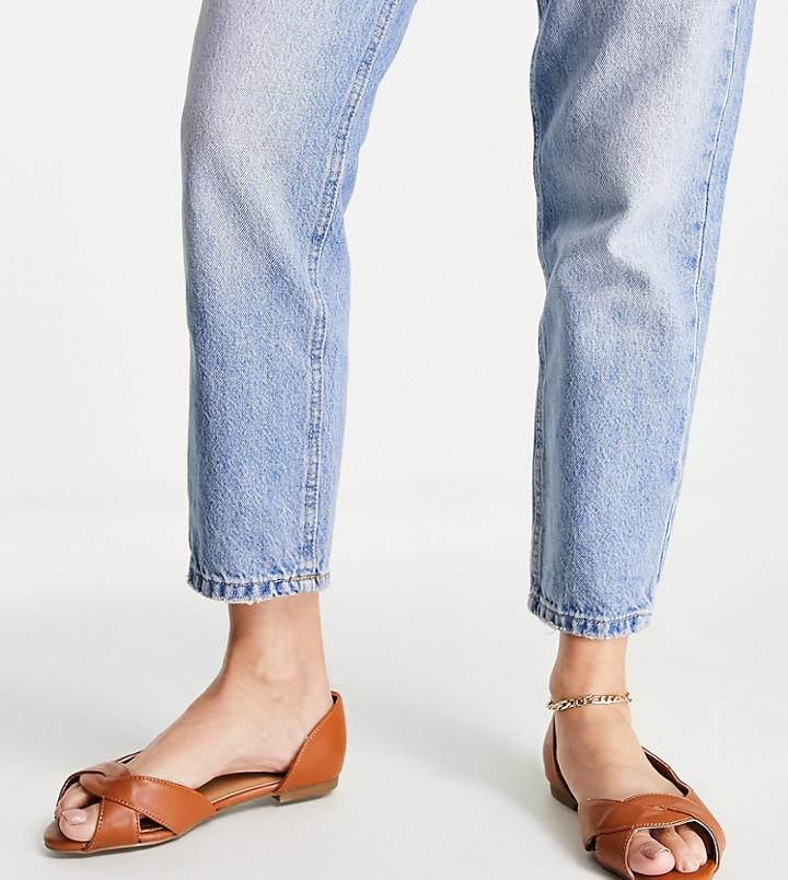 Asos Design Wide Fit Vale Peeptoe Ballet Flats In Tan-brown