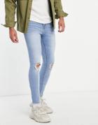 Asos Design Spray On Jeans With Power Stretch In Light Wash With Knee Rip - Lblue-blues